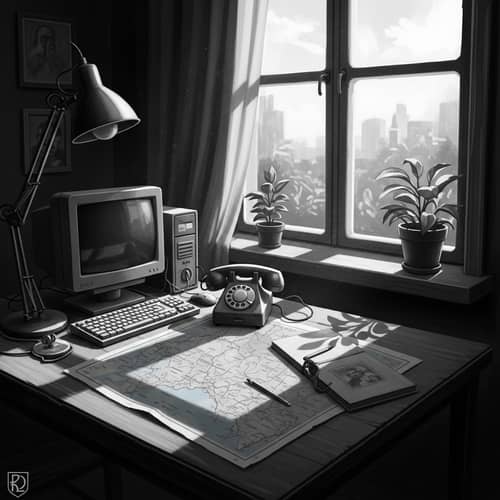 Vintage Black-and-White Digital Painting: Table with Computer and Old Rotary Telephone