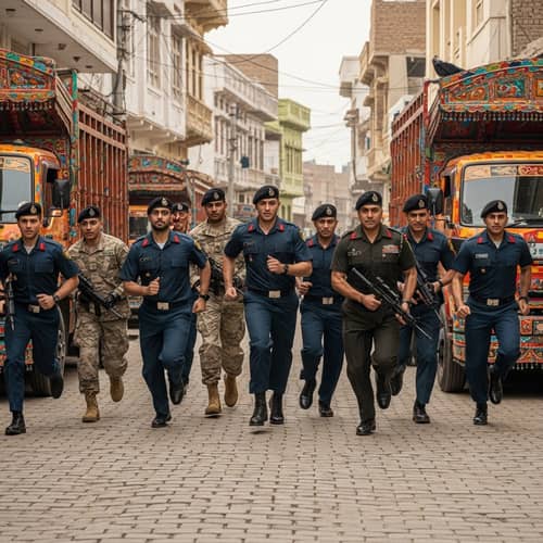 Diverse Group of Army Officers Running in Pakistani Street