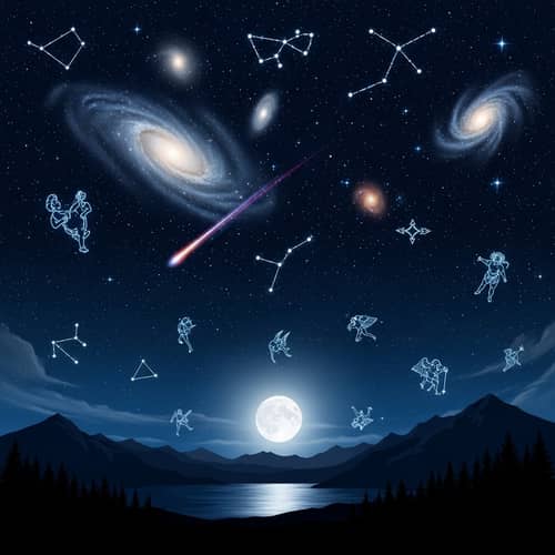 Celestial Night Sky with Stars, Galaxies, and Meteors
