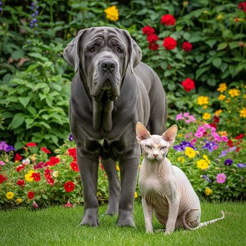 Neapolitan Mastiff and Canadian Sphinx Cat in Green Garden