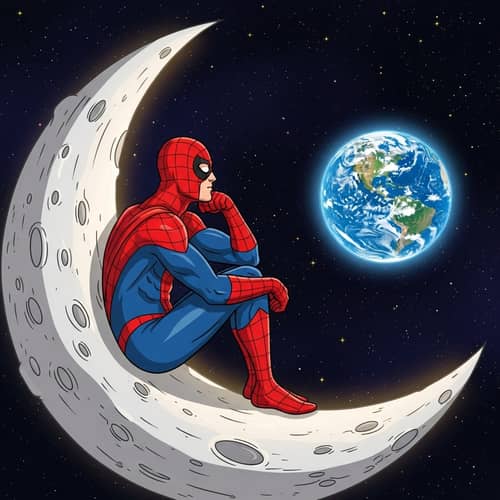 Peaceful Superhero Sitting on Moon, Gazing at Earth | Website Name