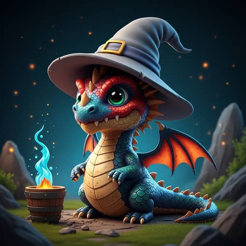 Colorful Tiny Dragon with Oversized Wizard Hat | Fun & Detailed Fantasy Art