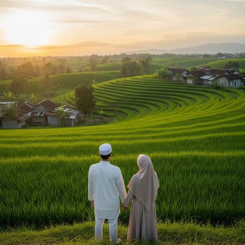 Muslim Husband and Wife in Serene Islamic Garden Scene