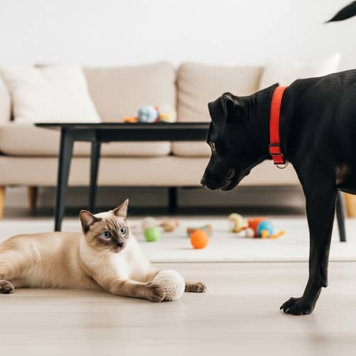 Interacting Cat and Dog in Well-Illuminated Living Room