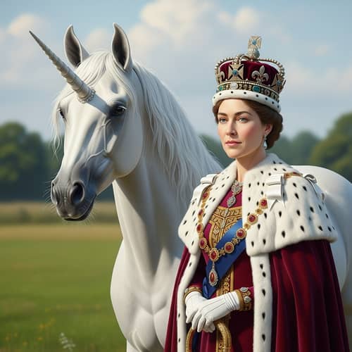 Majestic Unicorn and Queen in Serene Meadow
