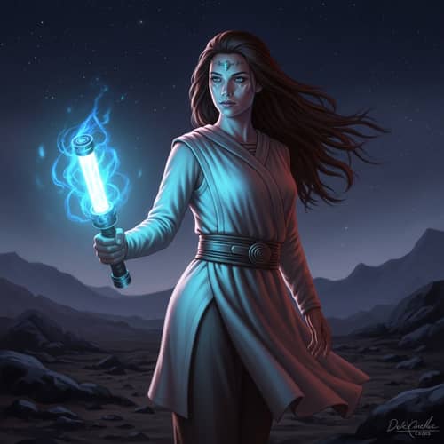Female Warrior in Sci-Fi Universe wielding a Glowing Blue Weapon