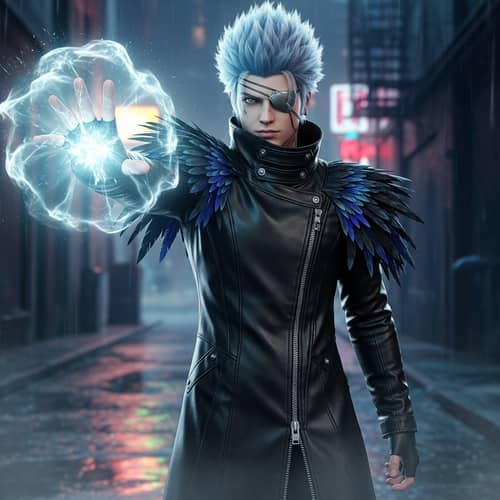 Blue-Haired Character in Leather Jacket with Icy Aura