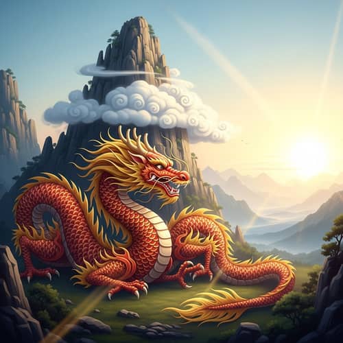 Majestic Red and Gold Dragon Resting at the Foot of a Towering Mountain