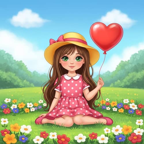 Young Girl in Pink Dress with Heart Balloon in Green Park