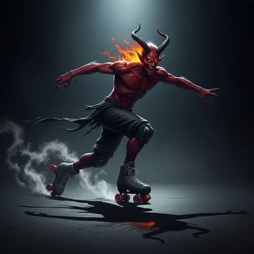Demon Roller Skating: Graceful Mischief in Dimly Lit Environment