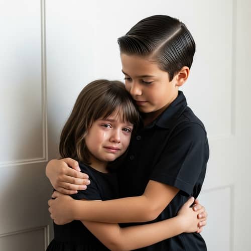 Upset Girl in Black Dress Comforted by Boy in Black Shirt