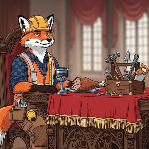 Fox Builder Character Sitting at King Table Vector Art