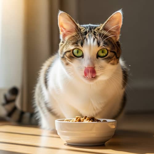 Adorable Domestic Short-Haired Cat Enjoying Meal | Green-Eyed Cutie
