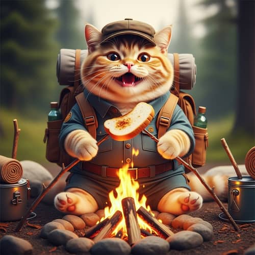 Realistic British Ginger Cat Toasting Bread by Campfire