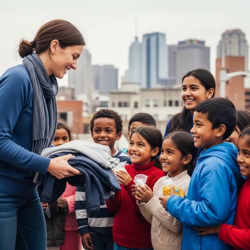 Social Worker Distributing Warm Clothes & Food to Diverse Children
