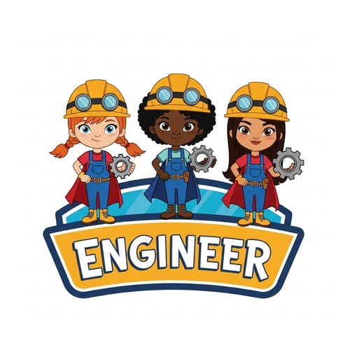 Cartoon Superhero Girls Engineers Logo - Colorful & Vibrant Design