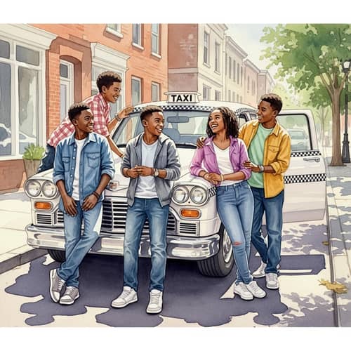 African American Teenagers in Joyful Gathering by Taxi Cab