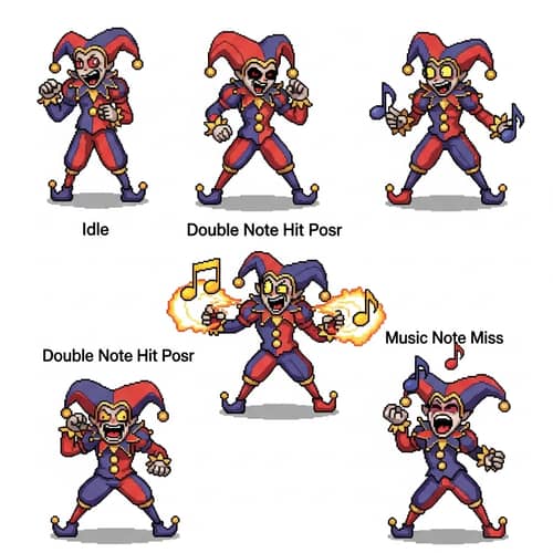 Pixel Art Whimsical Jester Character in Thrilling Combat