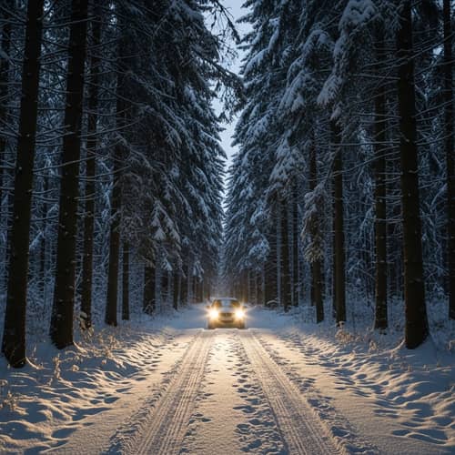 Night Forest Winter Drive: Car Through Snowy Path