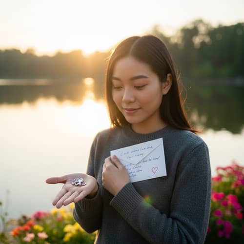 First Time Love: Young Asian Female by Tranquil Lake at Sunset