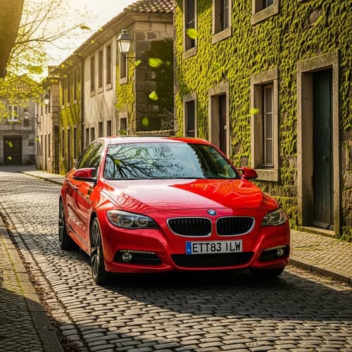 Colorful Sedan Car on Cobblestone Street | Serene Cityscape View