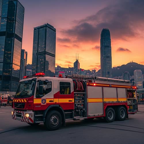 Hong Kong Fire Services Truck at Sunset