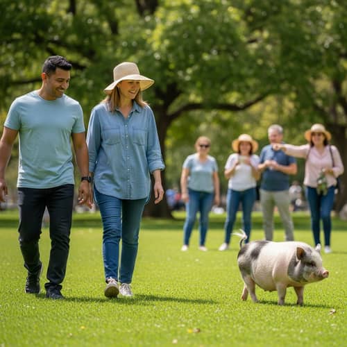 Hispanic Man and Caucasian Woman Walking with Mini Pig in Park