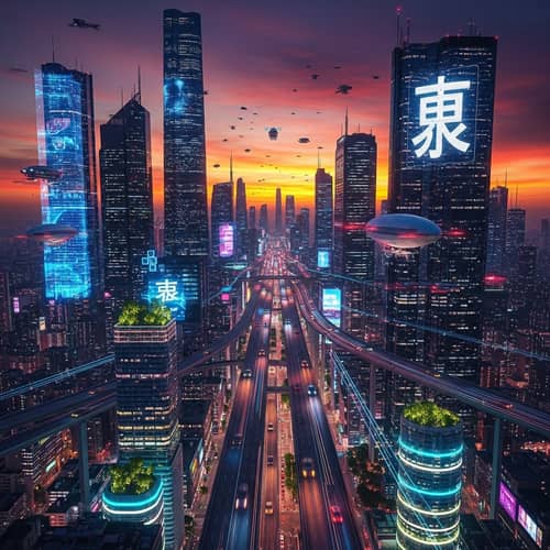 Futuristic City Skyline at Sunset | Cyberpunk Urban Scene