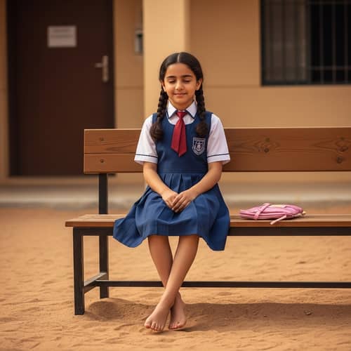 Tranquil Middle-Eastern Schoolgirl on Bench | Peaceful Schoolyard Scene