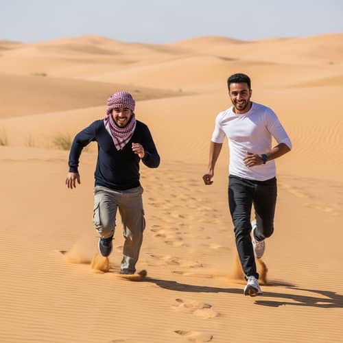 Desert Sprinters: Hispanic and Middle-Eastern Men Racing Across Arid Landscape