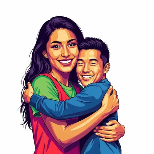 Colorful Surrealism and Pop Art Fusion: Tall Woman Embracing Small Man