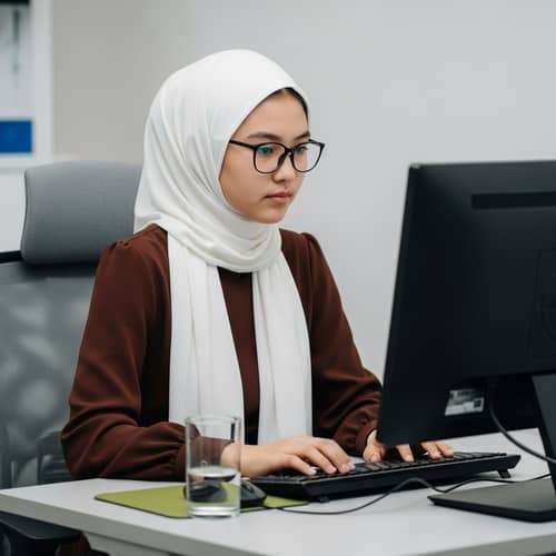 Ethnic Kazakh Girl Working at Computer | Islamic Attire
