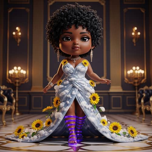 8K High Society Scene in Deep Gold & White with Chibi Woman