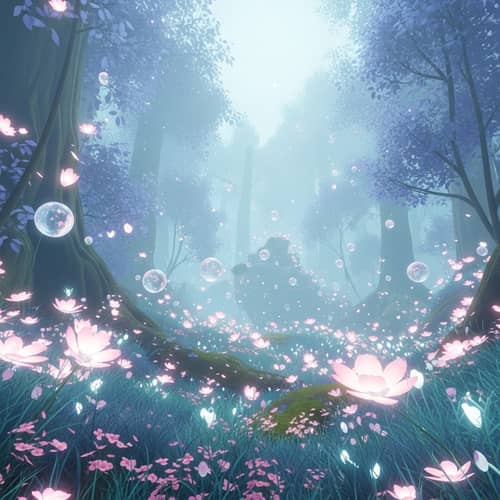 Ethereal Mystical Forest with Glowing Flowers and Orbs