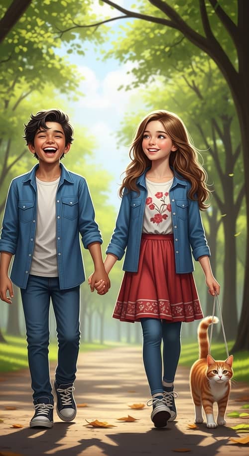 Realistic Depiction of a Charming Young Boy and Girl in a Lush Park Setting