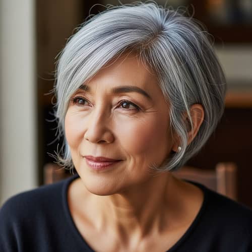 Stylish Silver-Gray Pixie Haircut for Older Asian Woman