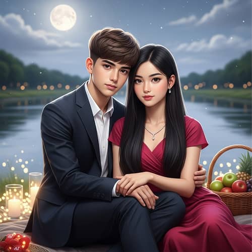 Tender South Asian Couple Romancing by Moonlit River