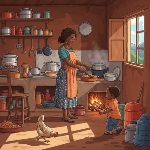 Authentic African Cooking: Mother and Child in Rustic Kitchen