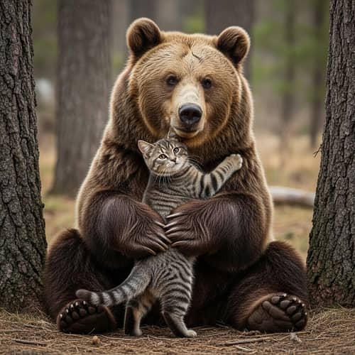 Cute Domestic Feline Hugs Grizzly Bear in Woods | Unusual Camaraderie