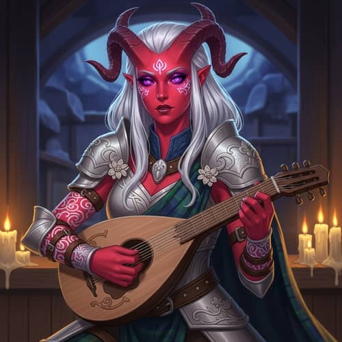Scottish Tiefling Bard Character Concept Art | Glowing Red Skin, White Hair