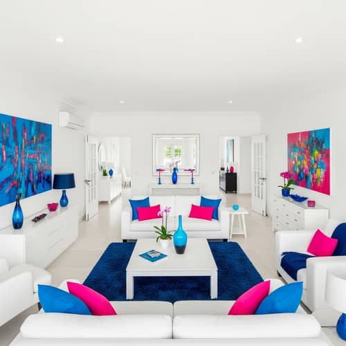 Modern White Living Room with Bright Blue & Pink Accents