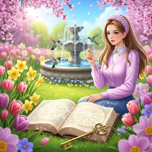 Idyllic Spring Setting with Pastel Flowers and Hummingbirds