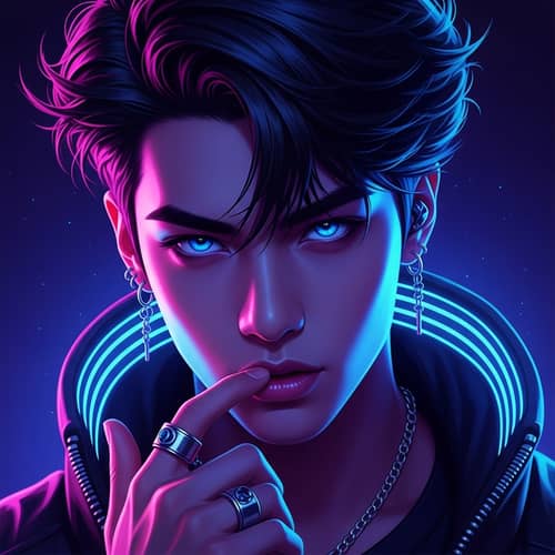 Male Pop Idol with Korean-Inspired Features in Vibrant Neon Colors