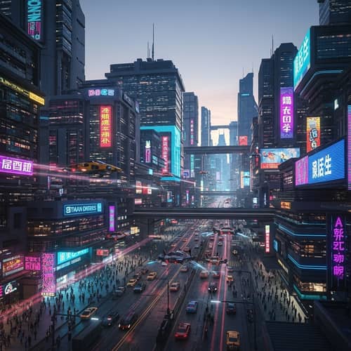 Futuristic Cyberpunk City Skyline at Dusk