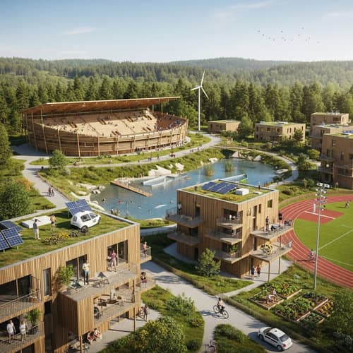 Sustainable Olympic Village in Forest Setting | Wooden Stadium, Natural Pool, Green Living