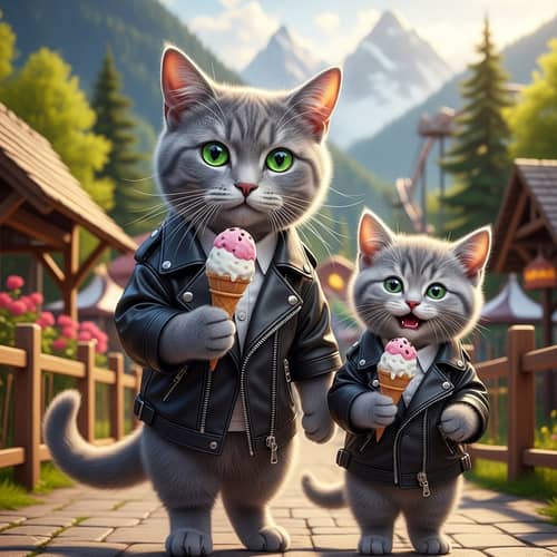 Real-Life Grey Cat with Green Eyes in Amusement Park