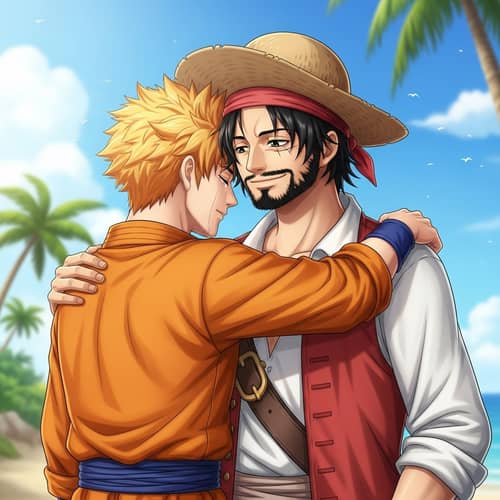 Goku and Luffy Tender Embrace | Anime Crossover Hug