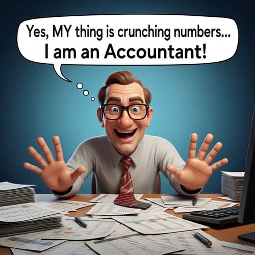 Vibrant 3D Render: Enthusiastic Accountant at Cluttered Desk