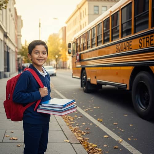 Hispanic Boy Excitedly Waiting for School Bus on Square Street
