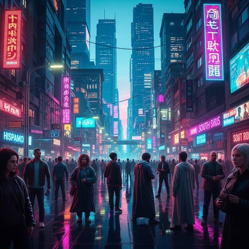Futuristic Cyberpunk Cityscape at Dusk with Neon Lights